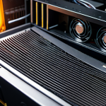 A close-up shot inside a high-performance desktop computer case, focusing on a graphics card with signs of overheating. The GPU's cooling fans are visibly covered in a thick layer of dust, and the heatsink emits a subtle, warm glow, indicating high temperatures. Internal cables are unmanaged, creating visual clutter and obstructing airflow. The scene highlights the critical issue of poor thermal management in electronic hardware. Professional studio lighting, high-resolution detail, technical photography. safe for work, appropriate content, fully clothed, professional, high quality, perfect anatomy, correct proportions, natural pose.