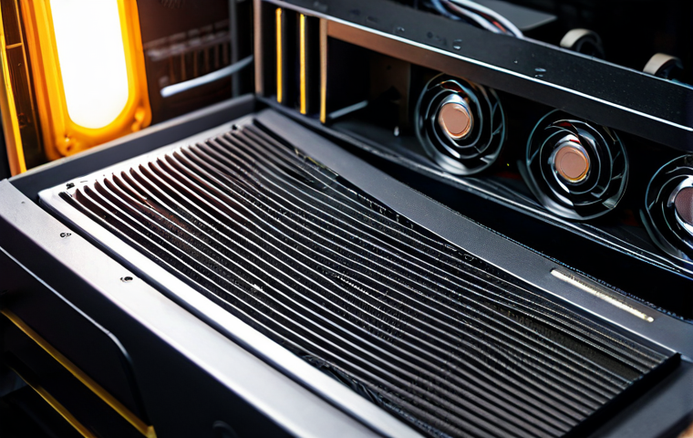 A close-up shot inside a high-performance desktop computer case, focusing on a graphics card with signs of overheating. The GPU's cooling fans are visibly covered in a thick layer of dust, and the heatsink emits a subtle, warm glow, indicating high temperatures. Internal cables are unmanaged, creating visual clutter and obstructing airflow. The scene highlights the critical issue of poor thermal management in electronic hardware. Professional studio lighting, high-resolution detail, technical photography. safe for work, appropriate content, fully clothed, professional, high quality, perfect anatomy, correct proportions, natural pose.