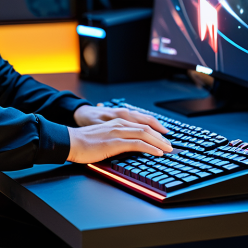 Home 6 A close-up, high-angle shot of a gamer's hands, well-formed with proper finger count, professionally operating a gaming mouse on a futuristic desk setup. The image showcases three distinct mousepad textures: a soft, high-density fabric pad for balanced control, a smooth, reflective glass pad emphasizing precision and speed, and a durable, textured CORDURA pad designed for intense action. The gamer is fully clothed in a modest, long-sleeved esports jersey, with only their forearms and hands visible, demonstrating natural pose and perfect anatomy. The background is a blurred, professional gaming environment with subtle LED lighting from a monitor. The image conveys high quality, professional photography, appropriate content, safe for work, and family-friendly.